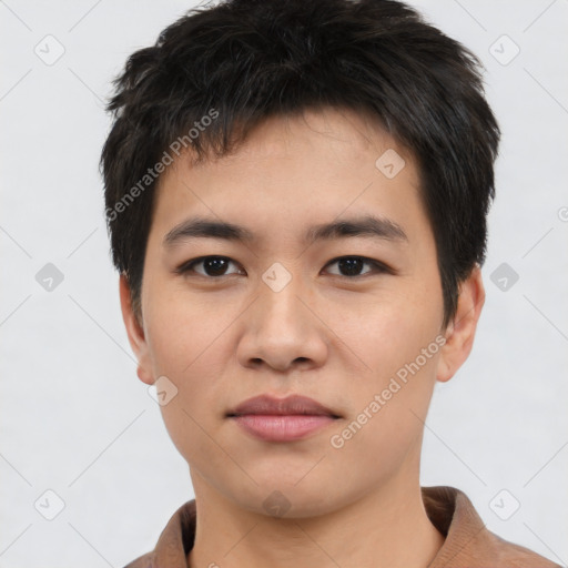 Neutral asian young-adult male with short  black hair and brown eyes