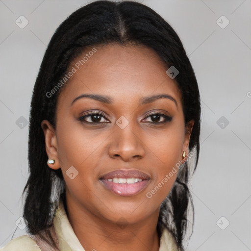 Joyful black young-adult female with long  brown hair and brown eyes