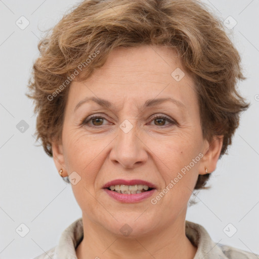 Joyful white adult female with short  brown hair and brown eyes