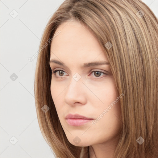 Neutral white young-adult female with long  brown hair and brown eyes