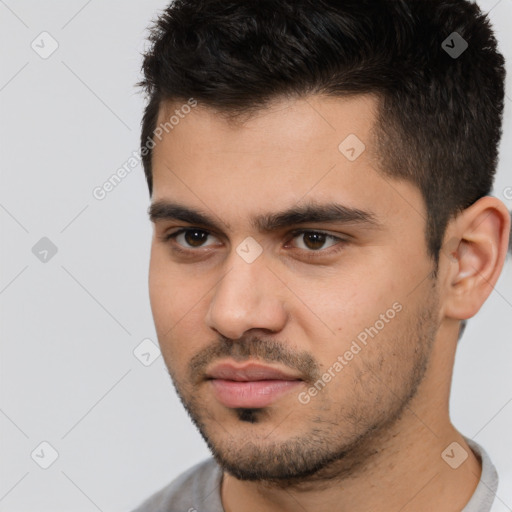 Neutral white young-adult male with short  brown hair and brown eyes