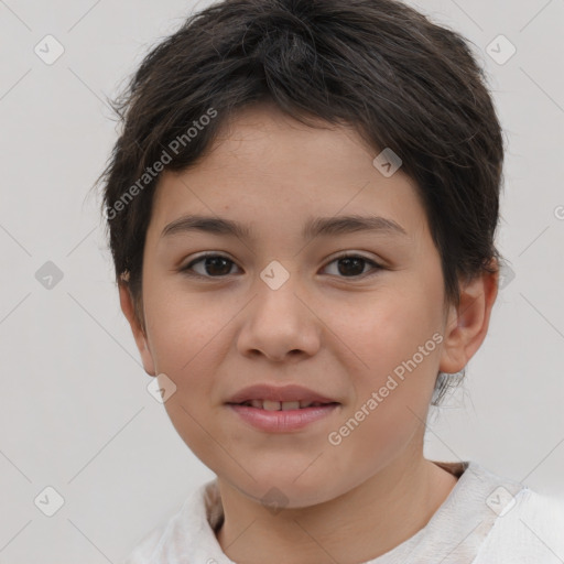 Joyful white child female with short  brown hair and brown eyes