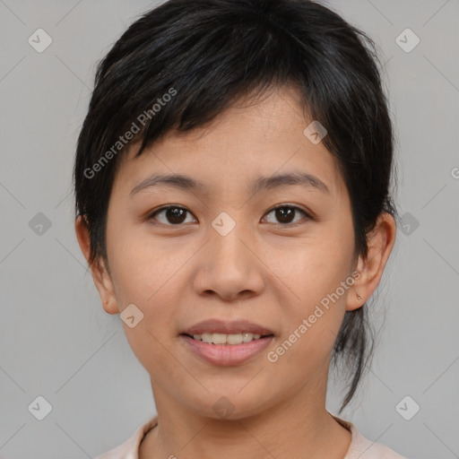 Joyful asian young-adult female with medium  brown hair and brown eyes