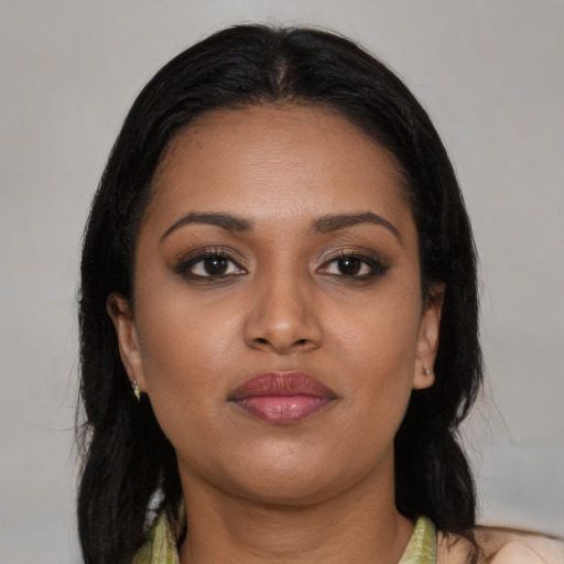 Neutral asian young-adult female with long  brown hair and brown eyes