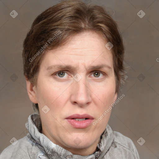 Joyful white adult female with medium  brown hair and blue eyes