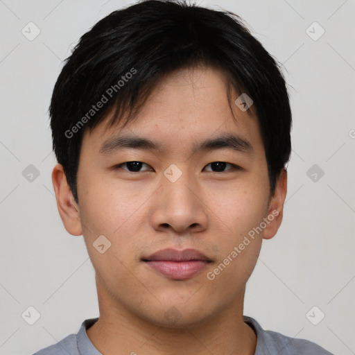 Neutral asian young-adult male with short  black hair and brown eyes