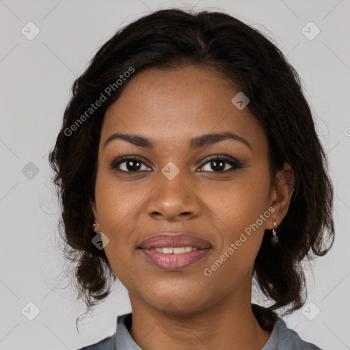 Joyful black young-adult female with medium  brown hair and brown eyes