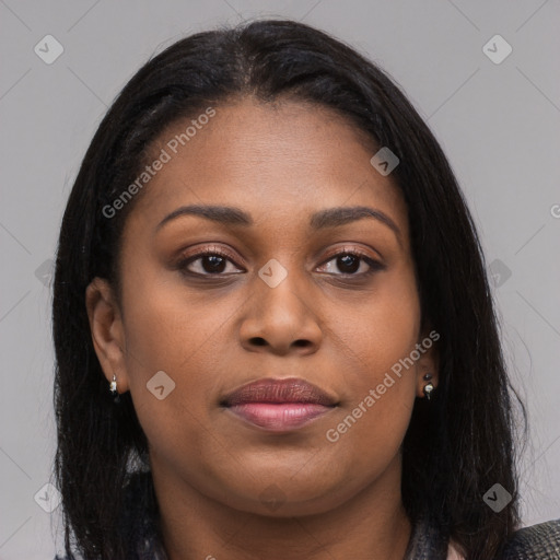 Joyful asian young-adult female with long  brown hair and brown eyes