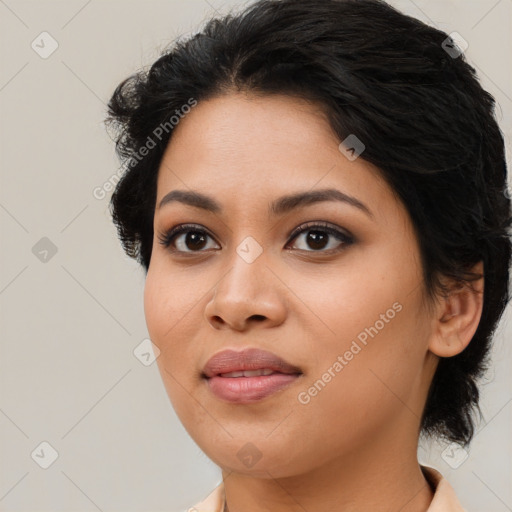 Joyful asian young-adult female with medium  black hair and brown eyes