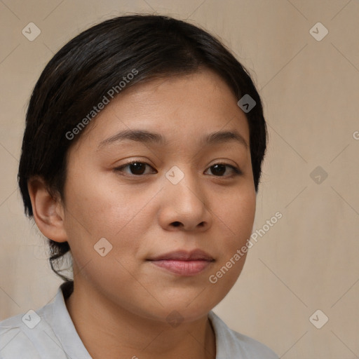 Neutral white young-adult female with medium  brown hair and brown eyes