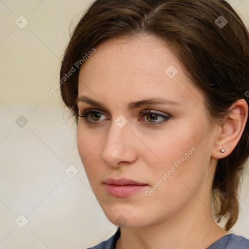 Neutral white young-adult female with short  brown hair and brown eyes