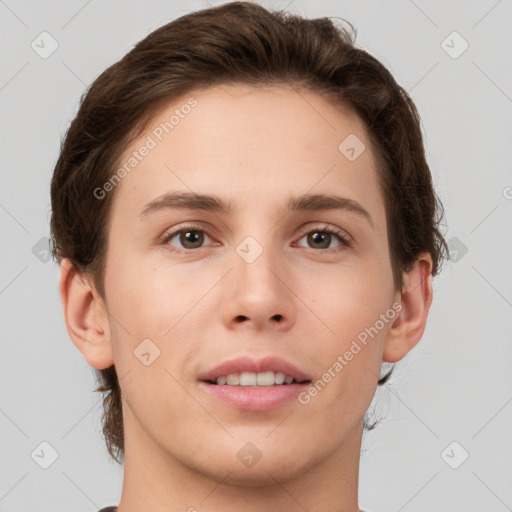 Joyful white young-adult female with short  brown hair and grey eyes