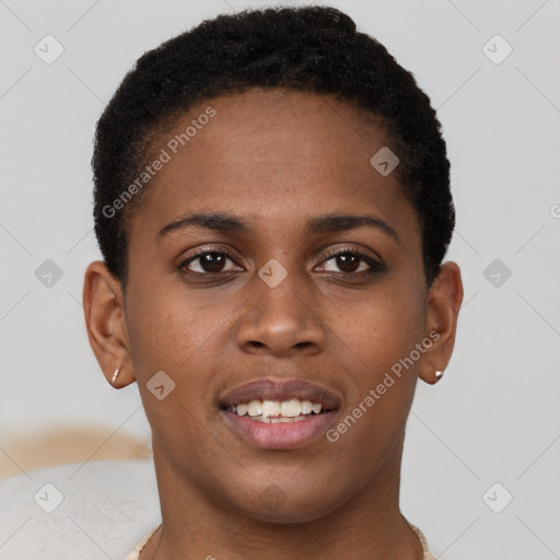 Joyful black young-adult female with short  brown hair and brown eyes