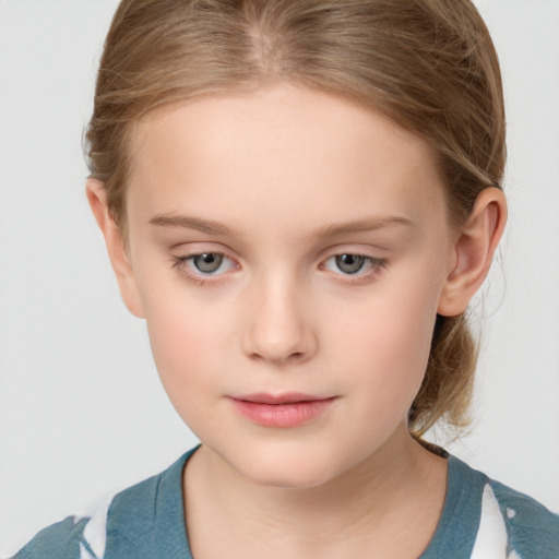 Neutral white child female with medium  brown hair and grey eyes