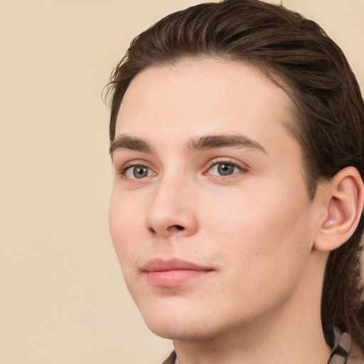 Neutral white young-adult male with medium  brown hair and grey eyes