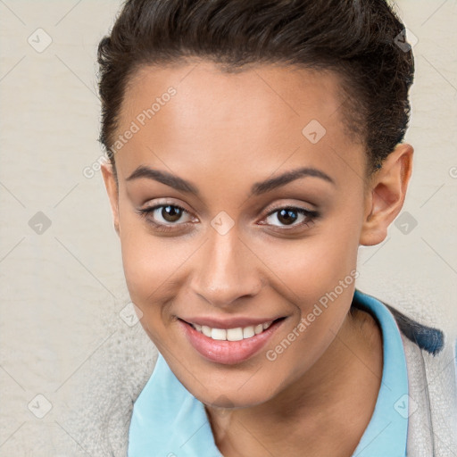 Joyful white young-adult female with short  brown hair and brown eyes