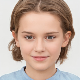 Joyful white child female with medium  brown hair and brown eyes