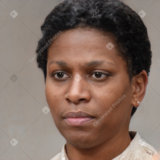 Neutral black young-adult female with short  brown hair and brown eyes