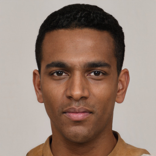 Neutral black young-adult male with short  black hair and brown eyes