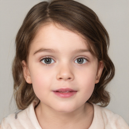 Neutral white child female with medium  brown hair and blue eyes