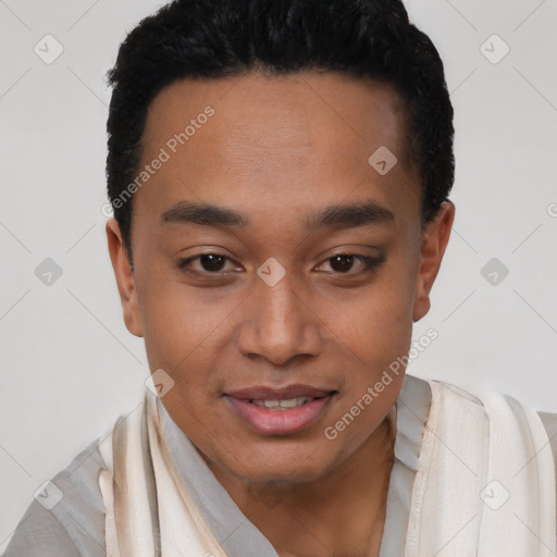 Joyful latino young-adult male with short  black hair and brown eyes