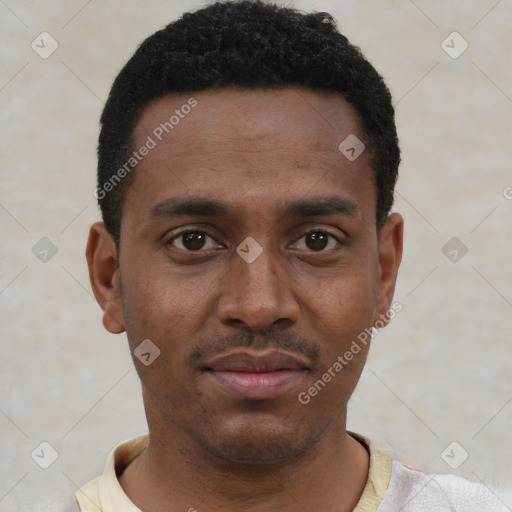 Neutral black young-adult male with short  black hair and brown eyes