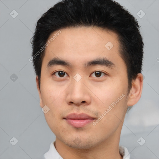 Neutral asian young-adult male with short  black hair and brown eyes