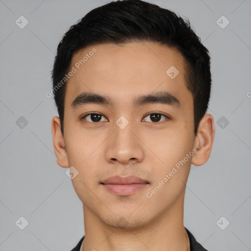 Neutral asian young-adult male with short  black hair and brown eyes