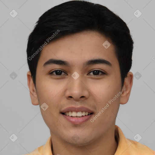 Joyful asian young-adult male with short  black hair and brown eyes