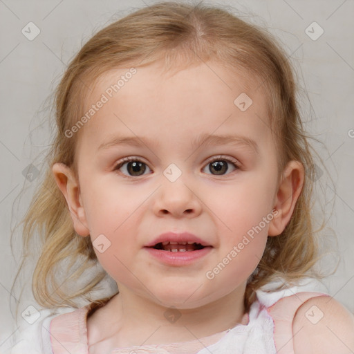 Joyful white child female with medium  brown hair and blue eyes