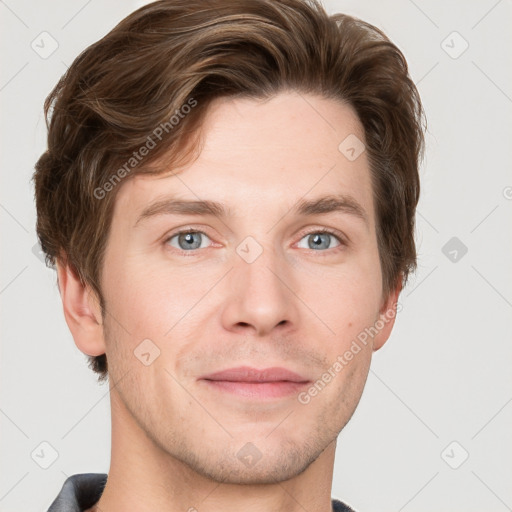 Joyful white adult male with short  brown hair and grey eyes