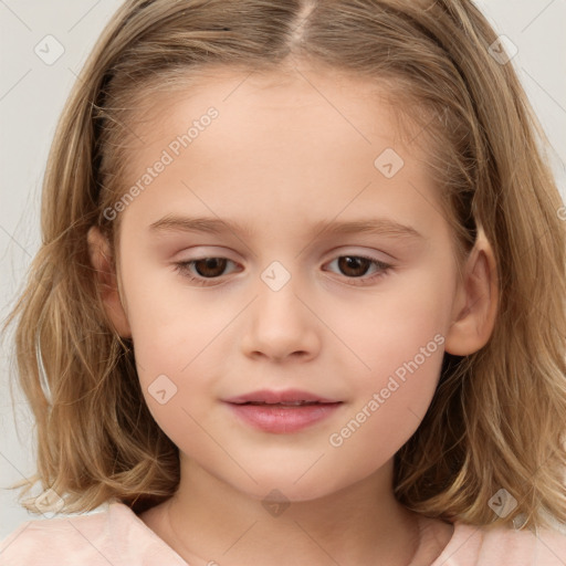 Joyful white child female with long  brown hair and brown eyes