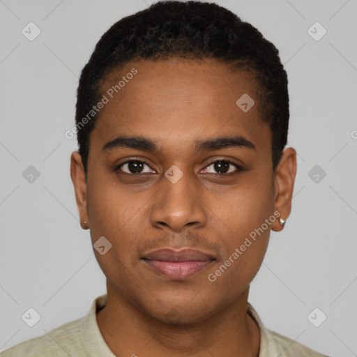 Joyful black young-adult male with short  black hair and brown eyes