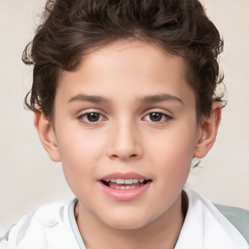 Joyful white child female with short  brown hair and brown eyes