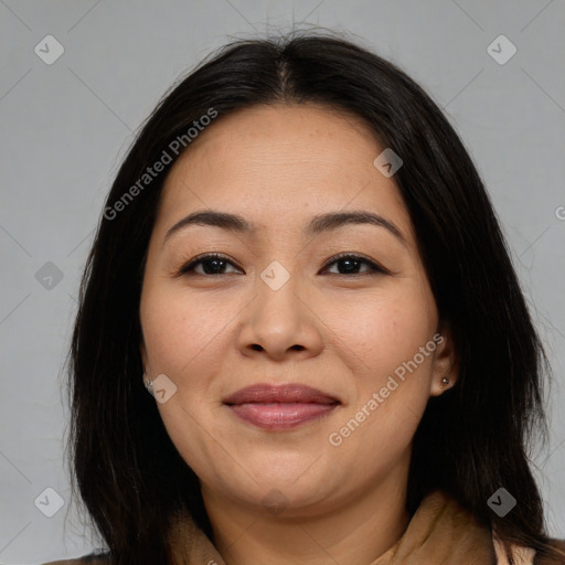 Joyful asian young-adult female with medium  brown hair and brown eyes