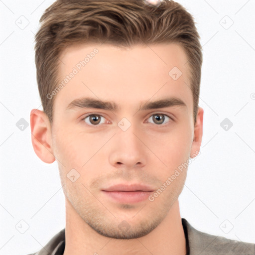 Neutral white young-adult male with short  brown hair and brown eyes