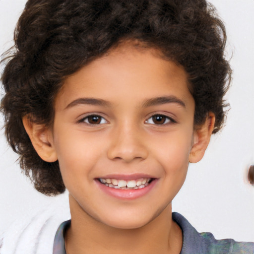 Joyful white child female with medium  brown hair and brown eyes