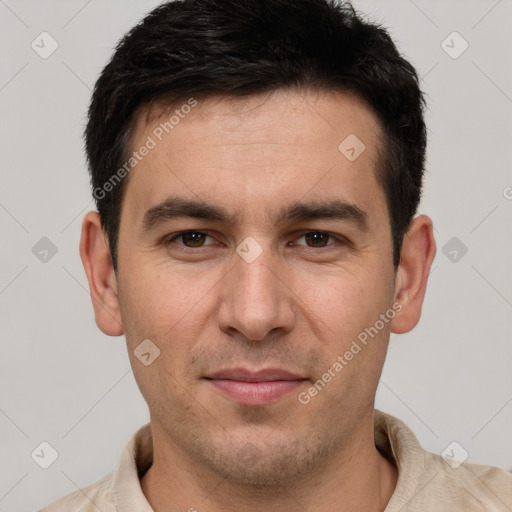 Joyful white young-adult male with short  brown hair and brown eyes