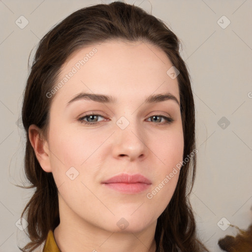 Neutral white young-adult female with medium  brown hair and brown eyes