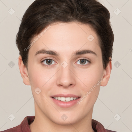 Joyful white young-adult female with short  brown hair and brown eyes