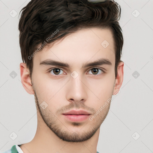 Neutral white young-adult male with short  brown hair and brown eyes