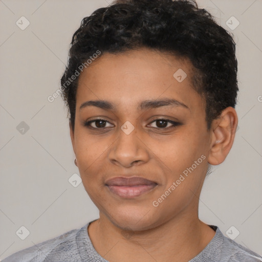 Joyful latino young-adult female with short  black hair and brown eyes