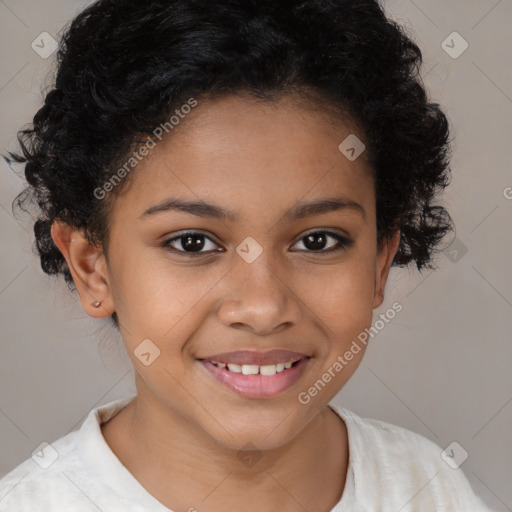 Joyful latino child female with medium  brown hair and brown eyes