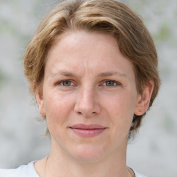 Joyful white adult female with medium  brown hair and blue eyes