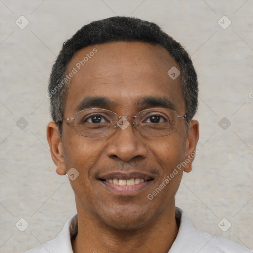 Joyful black adult male with short  black hair and brown eyes