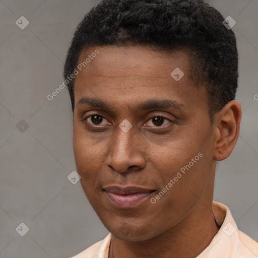 Joyful latino young-adult male with short  brown hair and brown eyes