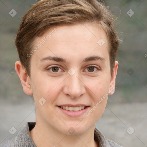 Joyful white young-adult female with short  brown hair and grey eyes