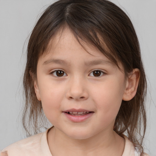 Joyful white child female with medium  brown hair and brown eyes