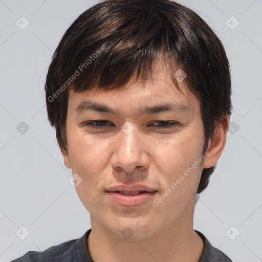 Joyful white adult male with medium  brown hair and brown eyes