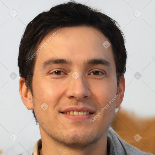 Joyful white young-adult male with short  brown hair and brown eyes